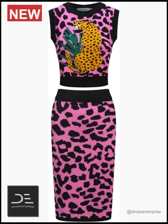 Dresses & Skirts - Women's Knitted Vest Skirt Sets 1960s Mod Style Leopard Tank Straight Skirt 2
